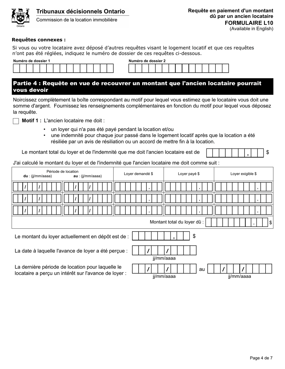 Forme L10 Requete En Paiement Dun Montant Du Par Un Ancien Locataire - Ontario, Canada (French), Page 7