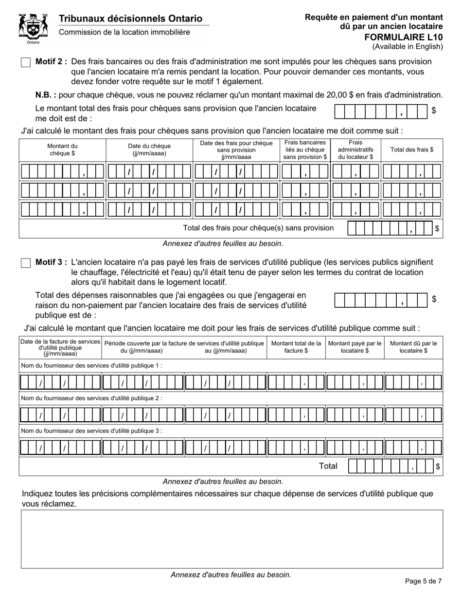 Forme L10 Requete En Paiement Dun Montant Du Par Un Ancien Locataire - Ontario, Canada (French), Page 8