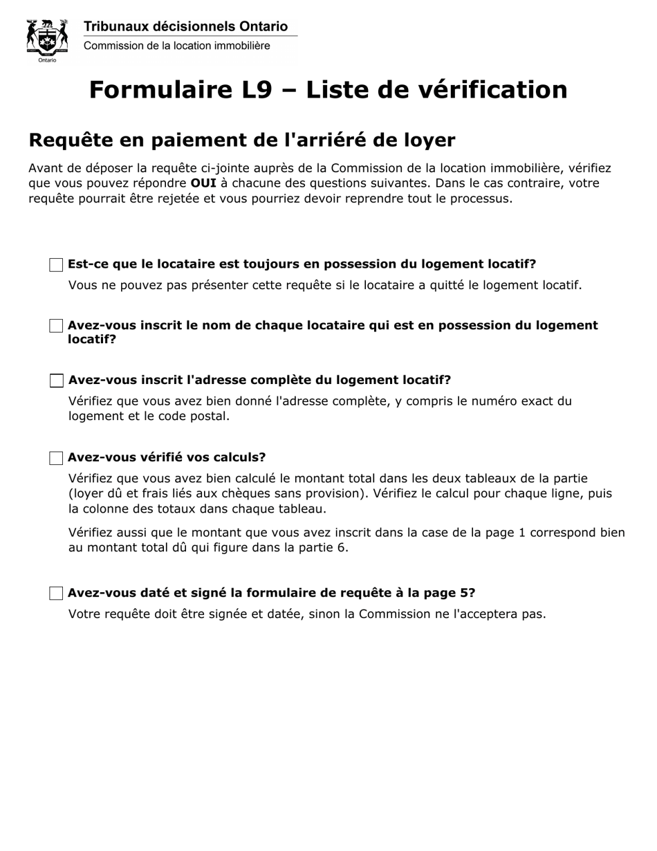 Forme L9 Requete En Paiement De Larriere De Loyer - Ontario, Canada (French), Page 1