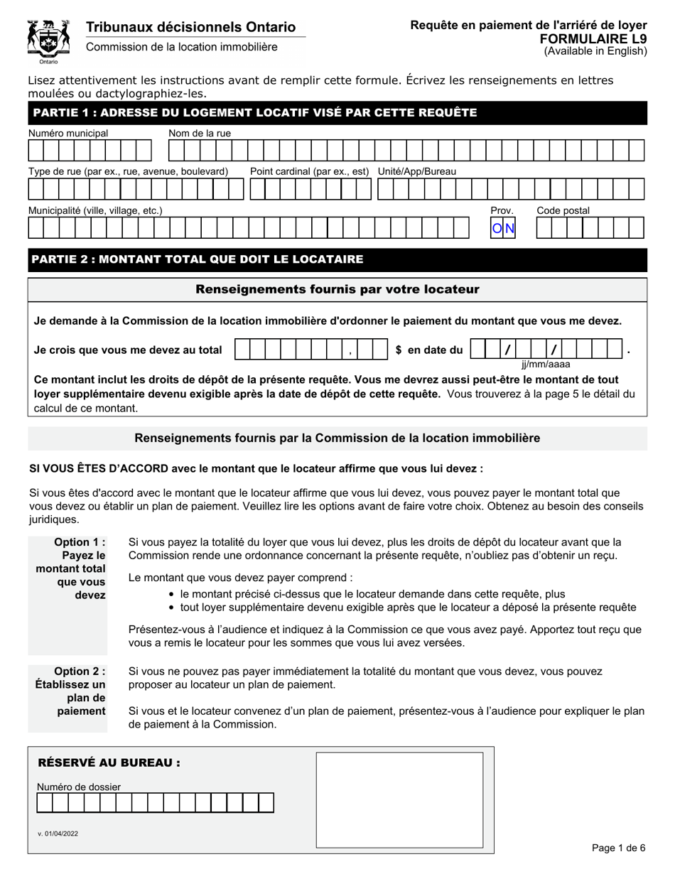 Forme L9 Requete En Paiement De Larriere De Loyer - Ontario, Canada (French), Page 3
