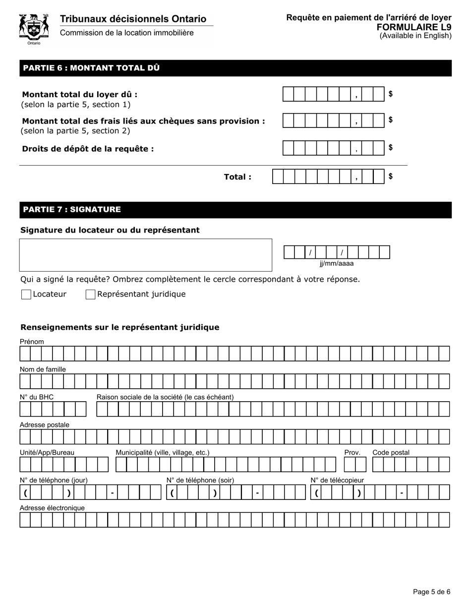 Forme L9 Requete En Paiement De Larriere De Loyer - Ontario, Canada (French), Page 7