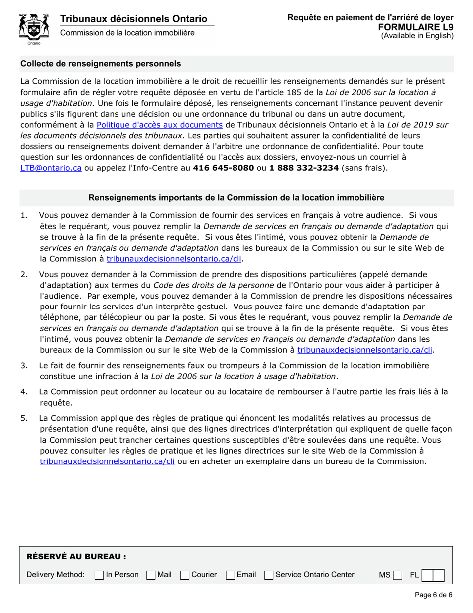 Forme L9 Requete En Paiement De Larriere De Loyer - Ontario, Canada (French), Page 8