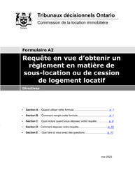 Document preview: Instruction pour Forme A2 Requete En Vue D'obtenir Un Reglement En Matiere De Sous-Location Ou De Cession De Logement Locatif - Ontario, Canada (French)