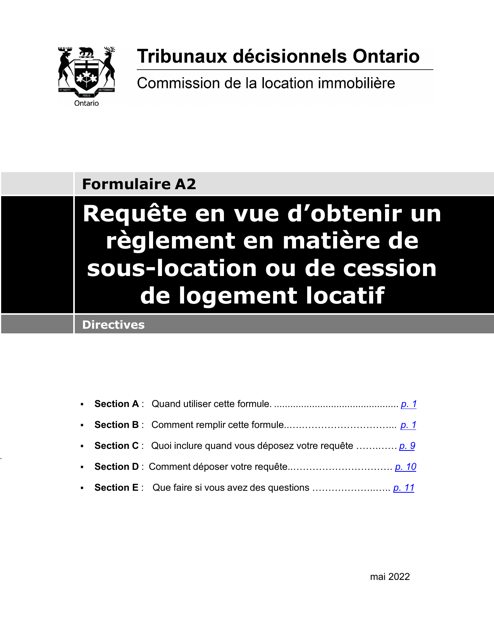 Instruction pour Forme A2 Requete En Vue D'obtenir Un Reglement En Matiere De Sous-Location Ou De Cession De Logement Locatif - Ontario, Canada (French)