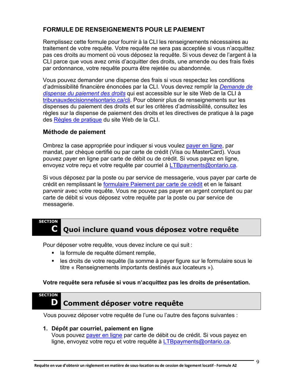 Instruction pour Forme A2 Requete En Vue Dobtenir Un Reglement En Matiere De Sous-Location Ou De Cession De Logement Locatif - Ontario, Canada (French), Page 10