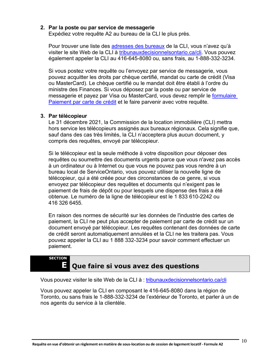 Instruction pour Forme A2 Requete En Vue Dobtenir Un Reglement En Matiere De Sous-Location Ou De Cession De Logement Locatif - Ontario, Canada (French), Page 11