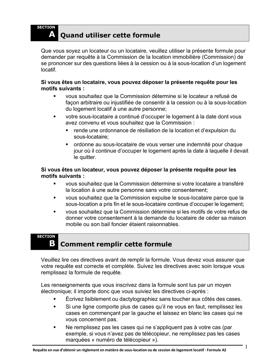 Instruction pour Forme A2 Requete En Vue Dobtenir Un Reglement En Matiere De Sous-Location Ou De Cession De Logement Locatif - Ontario, Canada (French), Page 2