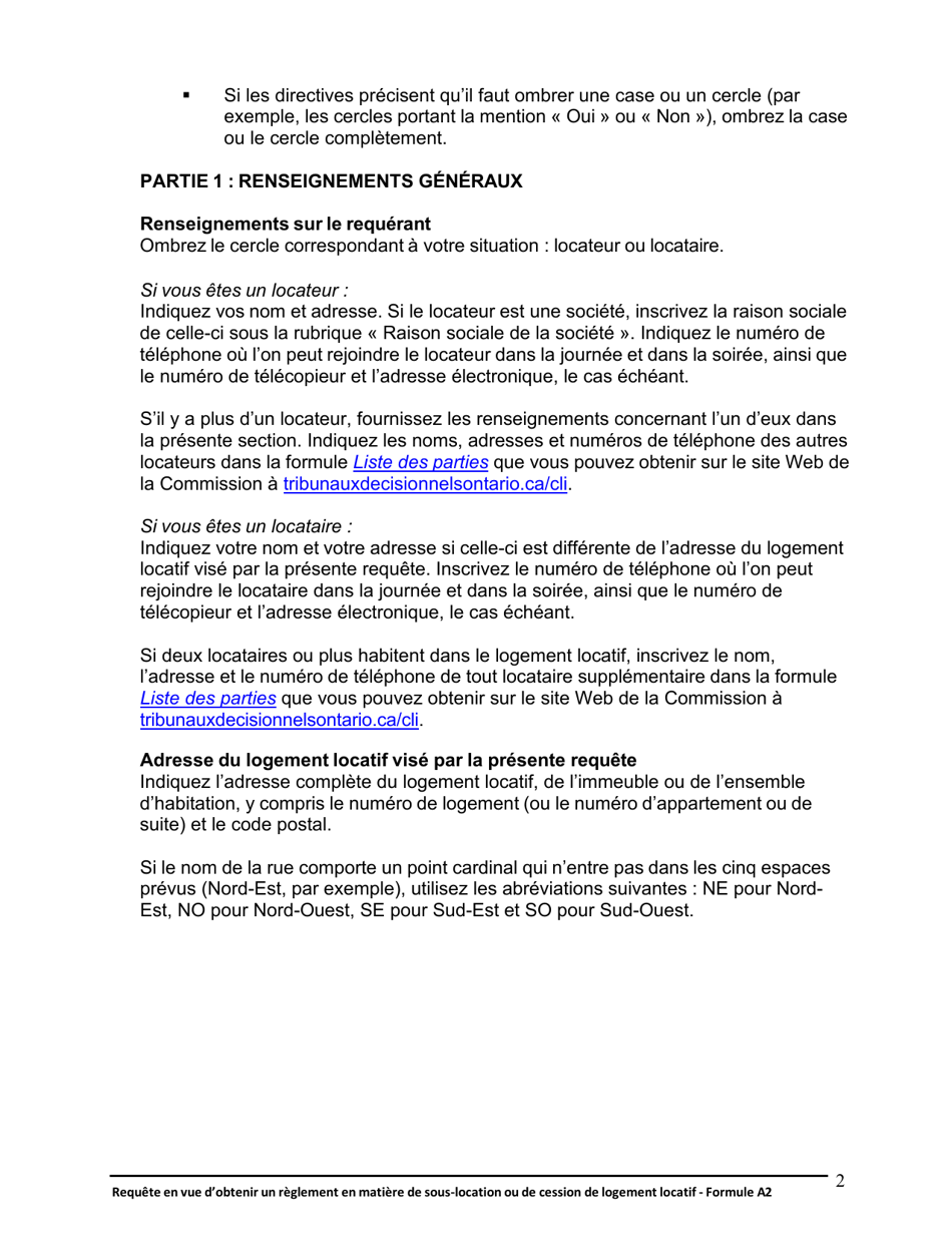 Instruction pour Forme A2 Requete En Vue Dobtenir Un Reglement En Matiere De Sous-Location Ou De Cession De Logement Locatif - Ontario, Canada (French), Page 3