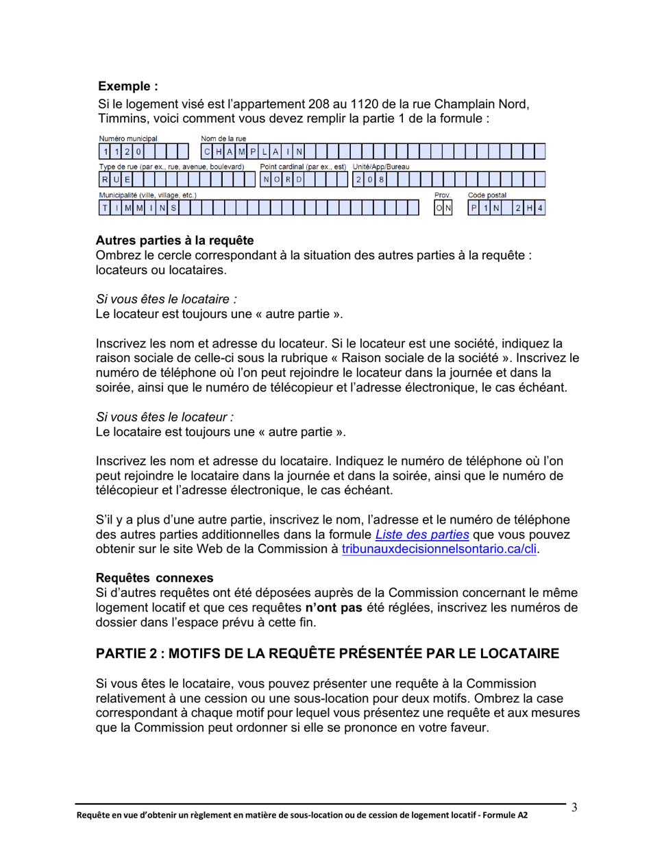 Instruction pour Forme A2 Requete En Vue Dobtenir Un Reglement En Matiere De Sous-Location Ou De Cession De Logement Locatif - Ontario, Canada (French), Page 4