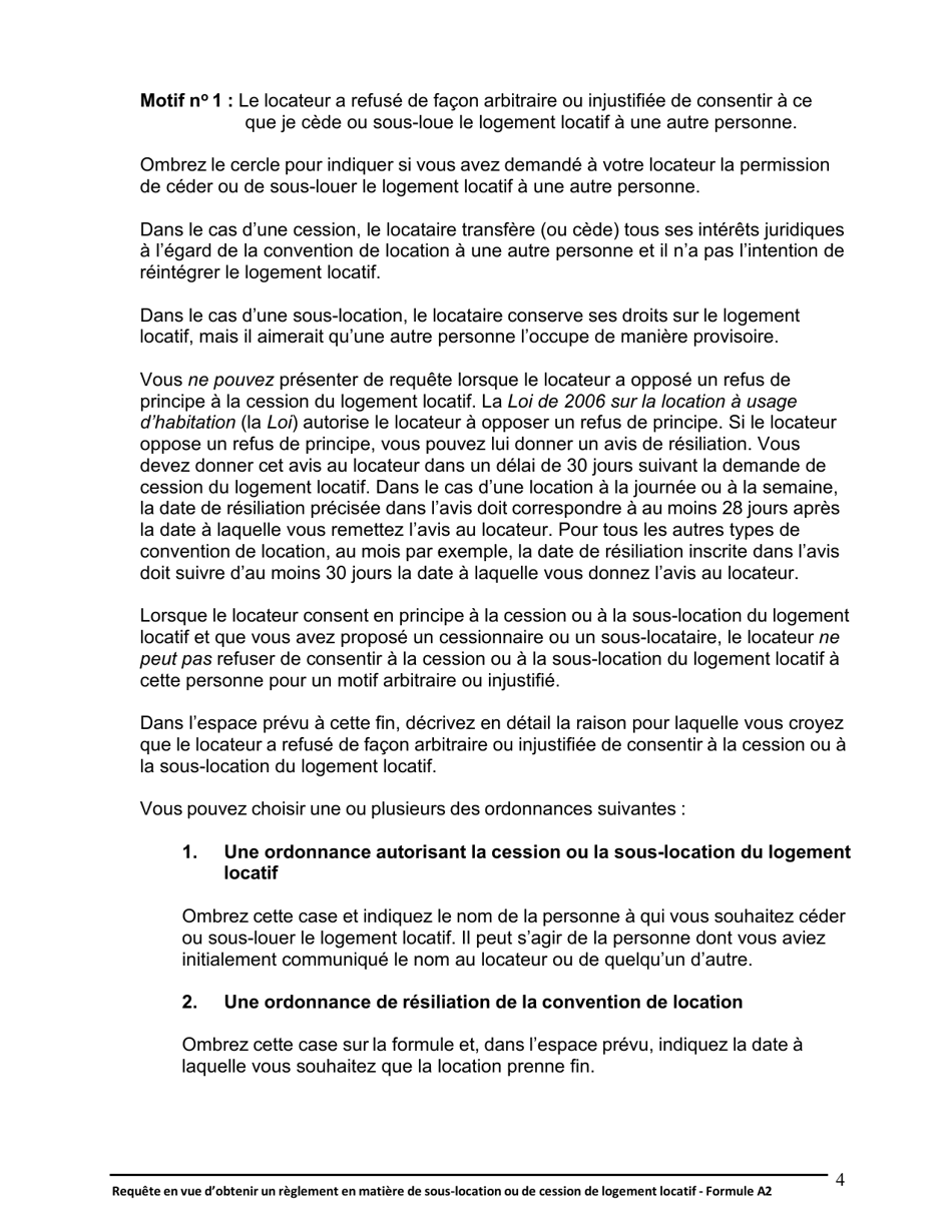 Instruction pour Forme A2 Requete En Vue Dobtenir Un Reglement En Matiere De Sous-Location Ou De Cession De Logement Locatif - Ontario, Canada (French), Page 5