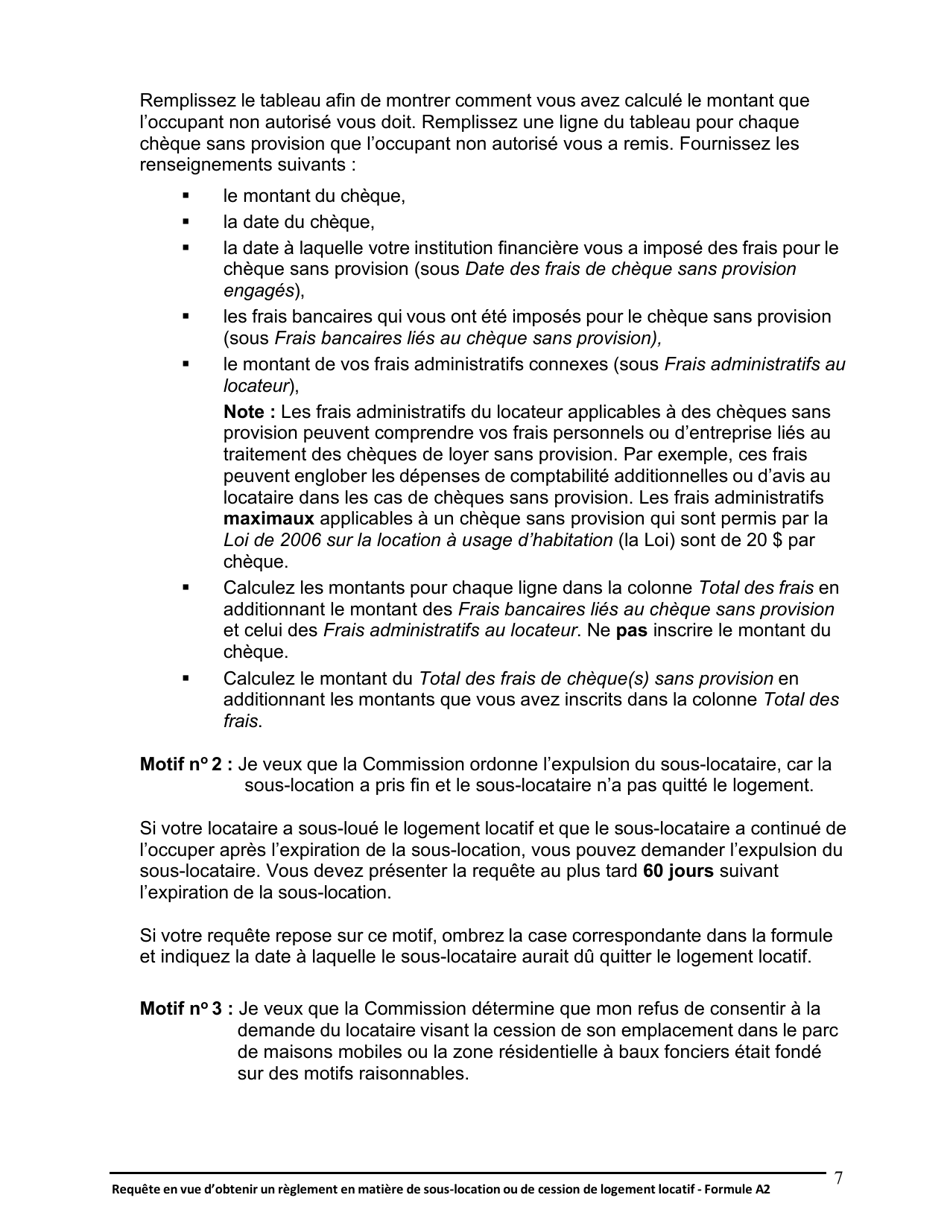 Instruction pour Forme A2 Requete En Vue Dobtenir Un Reglement En Matiere De Sous-Location Ou De Cession De Logement Locatif - Ontario, Canada (French), Page 8