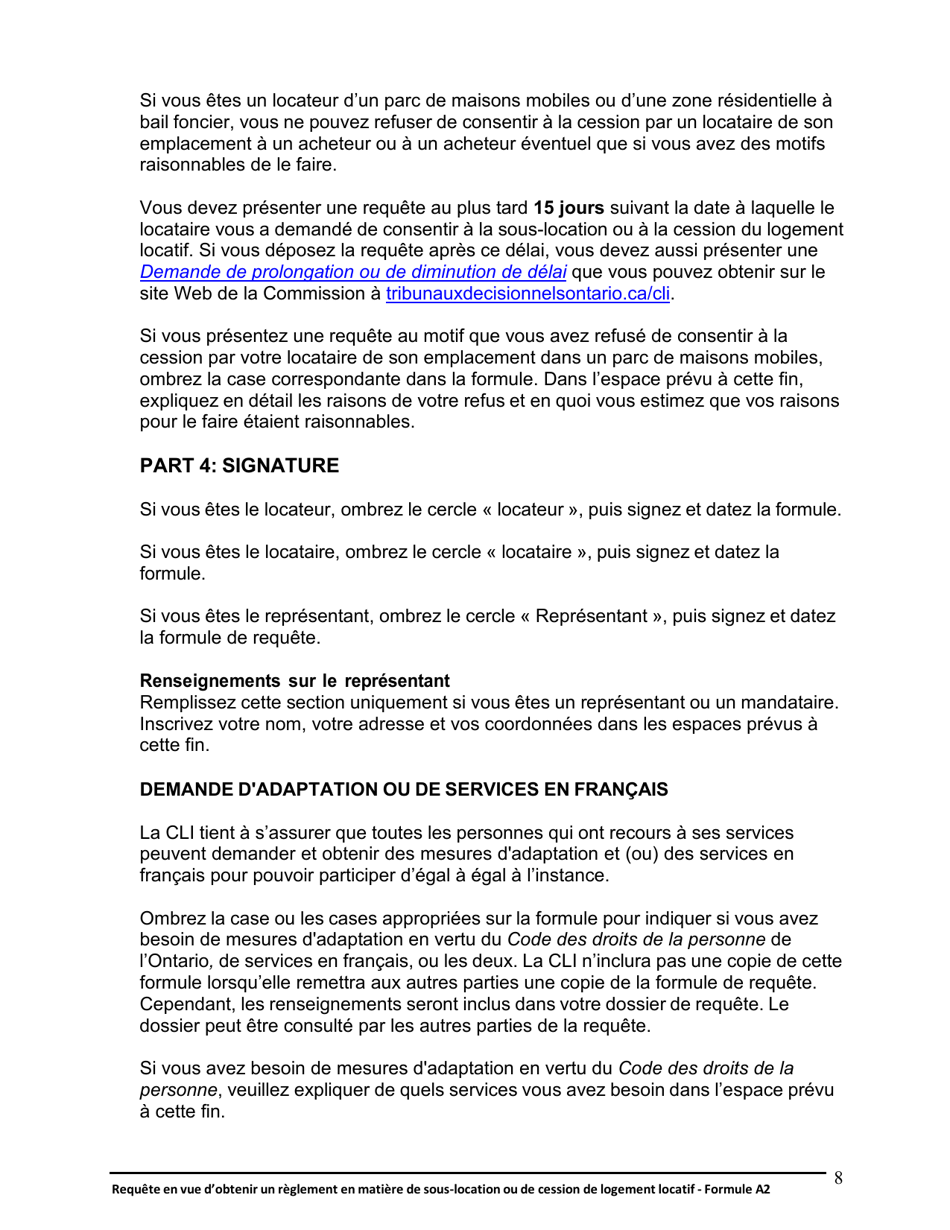 Instruction pour Forme A2 Requete En Vue Dobtenir Un Reglement En Matiere De Sous-Location Ou De Cession De Logement Locatif - Ontario, Canada (French), Page 9