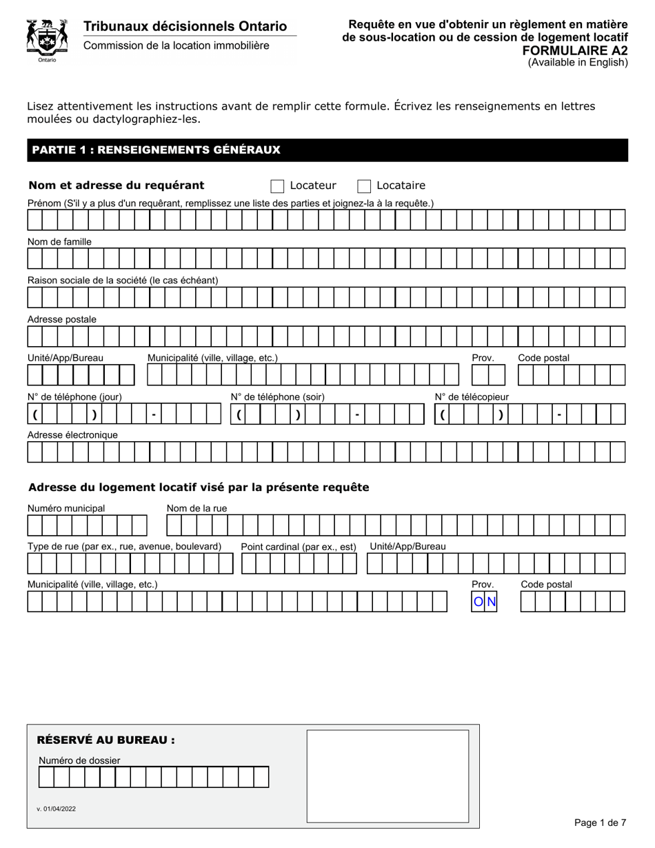 Forme A2 Requete En Vue Dobtenir Un Reglement En Matiere De Sous-Location Ou De Cession De Logement Locatif - Ontario, Canada (French), Page 2