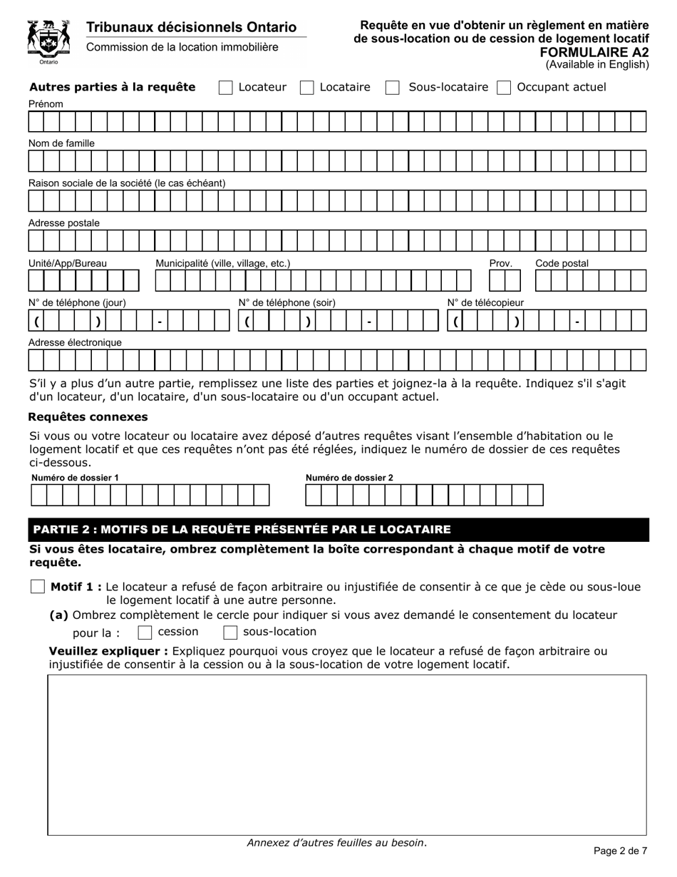 Forme A2 Requete En Vue Dobtenir Un Reglement En Matiere De Sous-Location Ou De Cession De Logement Locatif - Ontario, Canada (French), Page 3