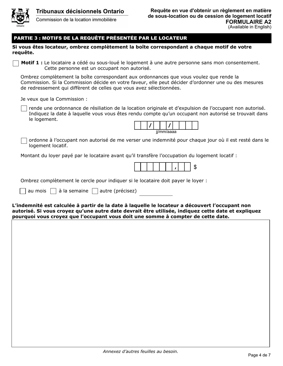 Forme A2 Requete En Vue Dobtenir Un Reglement En Matiere De Sous-Location Ou De Cession De Logement Locatif - Ontario, Canada (French), Page 5