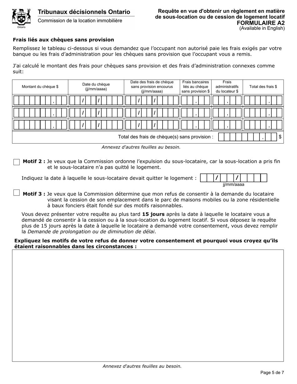 Forme A2 Requete En Vue Dobtenir Un Reglement En Matiere De Sous-Location Ou De Cession De Logement Locatif - Ontario, Canada (French), Page 6