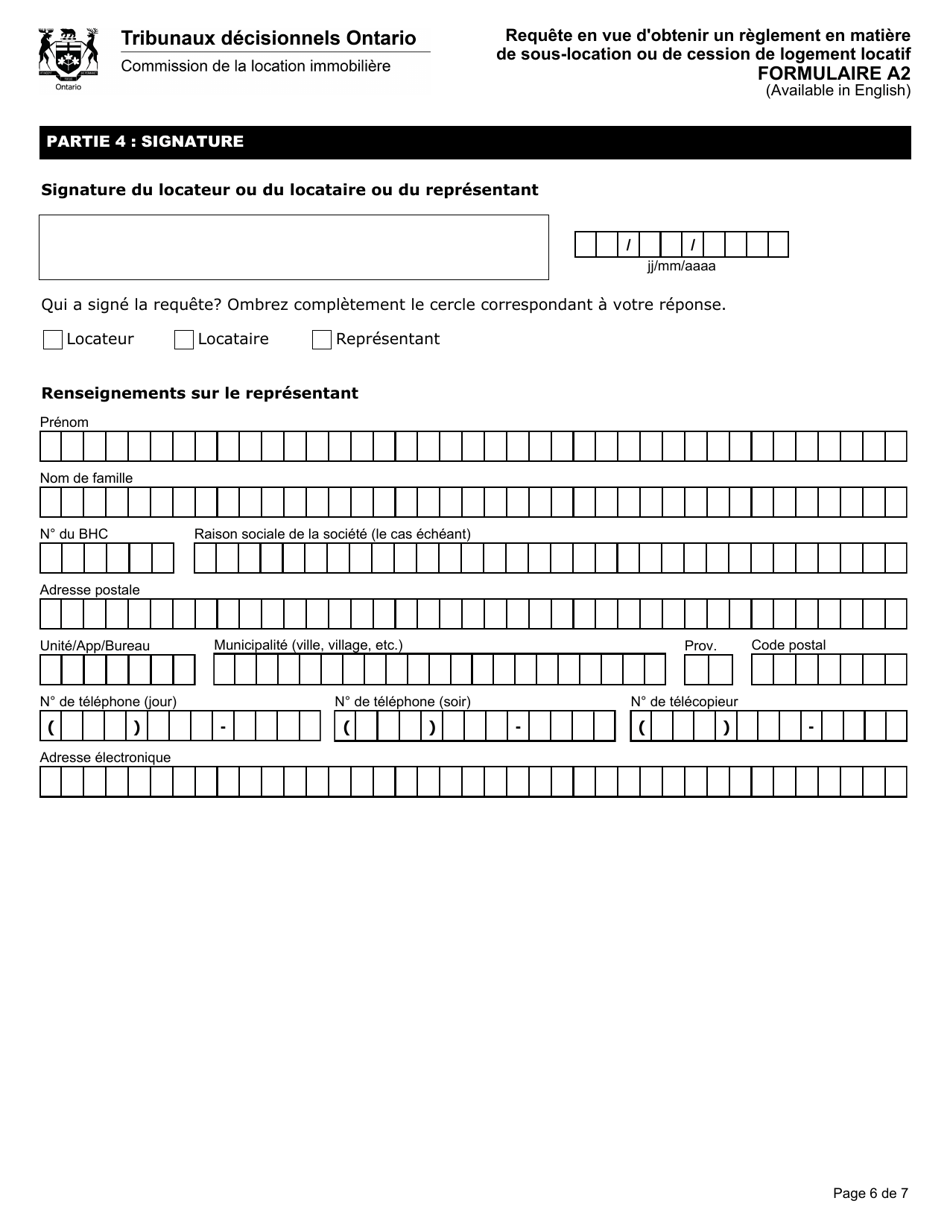 Forme A2 Requete En Vue Dobtenir Un Reglement En Matiere De Sous-Location Ou De Cession De Logement Locatif - Ontario, Canada (French), Page 7