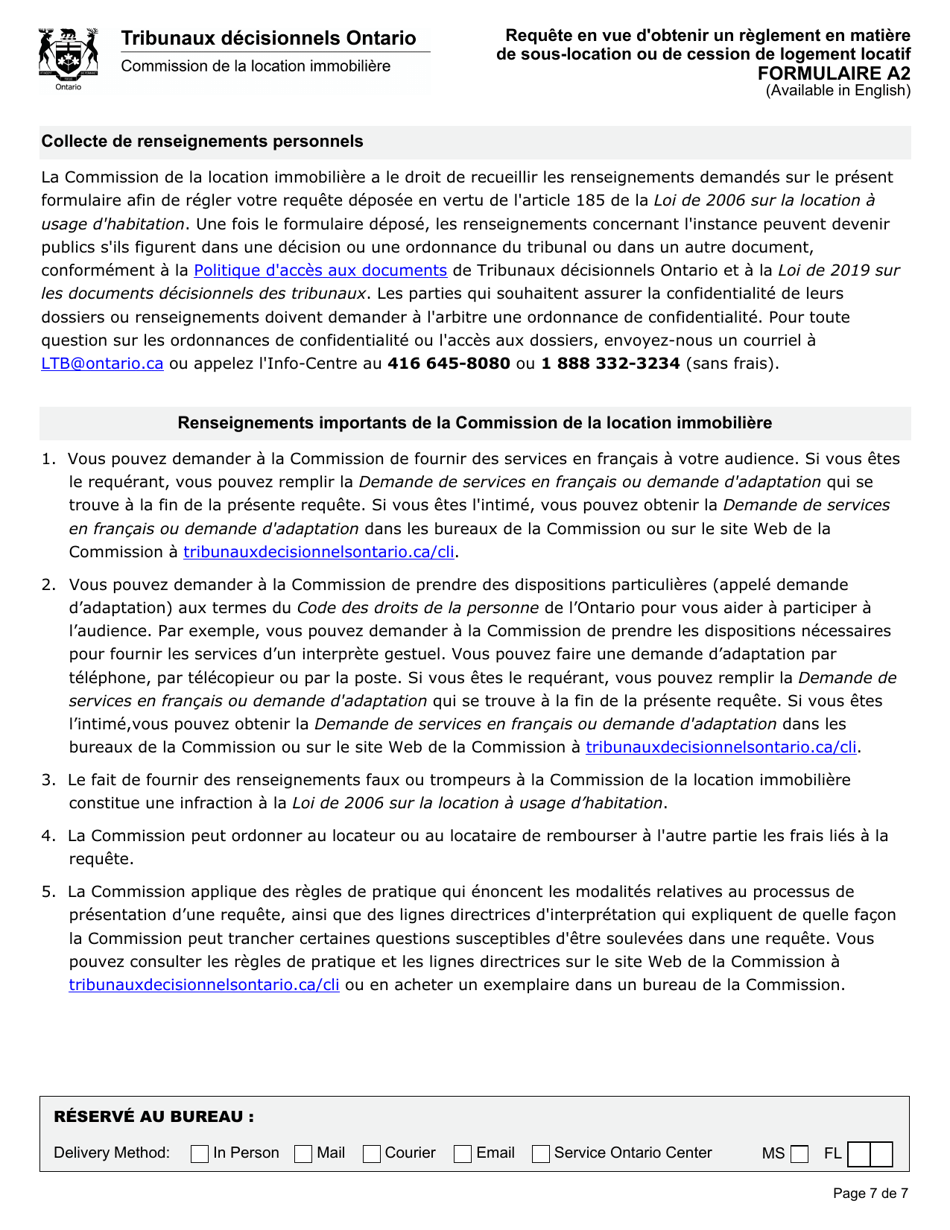 Forme A2 Requete En Vue Dobtenir Un Reglement En Matiere De Sous-Location Ou De Cession De Logement Locatif - Ontario, Canada (French), Page 8