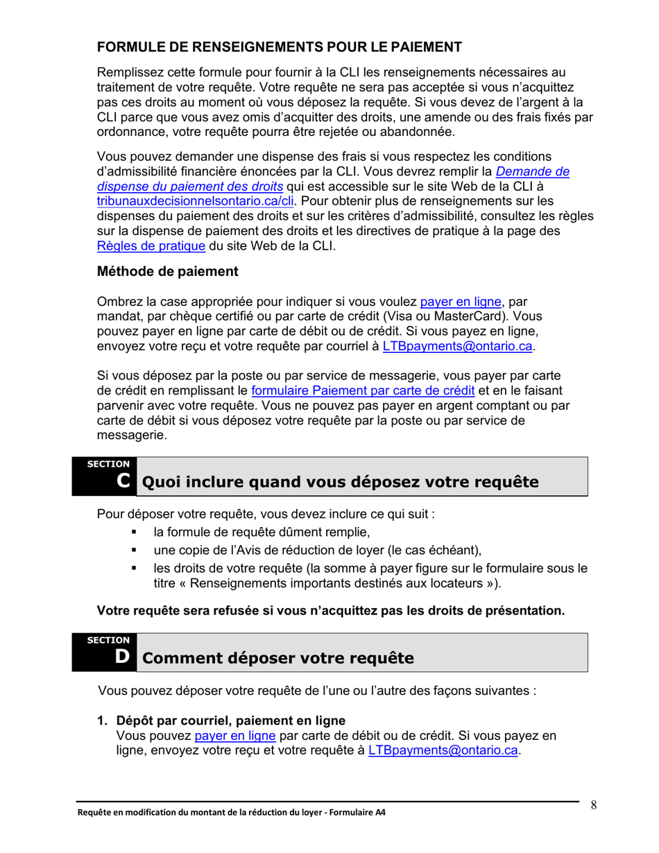 Instruction pour Forme A4 Requete En Modification Du Montant De La Reduction Du Loyer - Ontario, Canada (French), Page 8