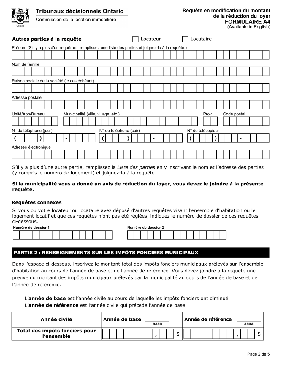 Forme A4 Requete En Modification Du Montant De La Reduction Du Loyer - Ontario, Canada (French), Page 3