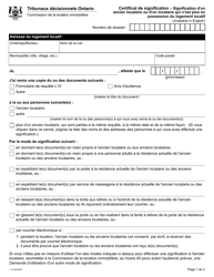 Document preview: Certificat De Signification - Signification D'un Ancien Locataire Ou D'un Locataire Qui N'est Plus En Possession Du Logement Locatif - Ontario, Canada (French)