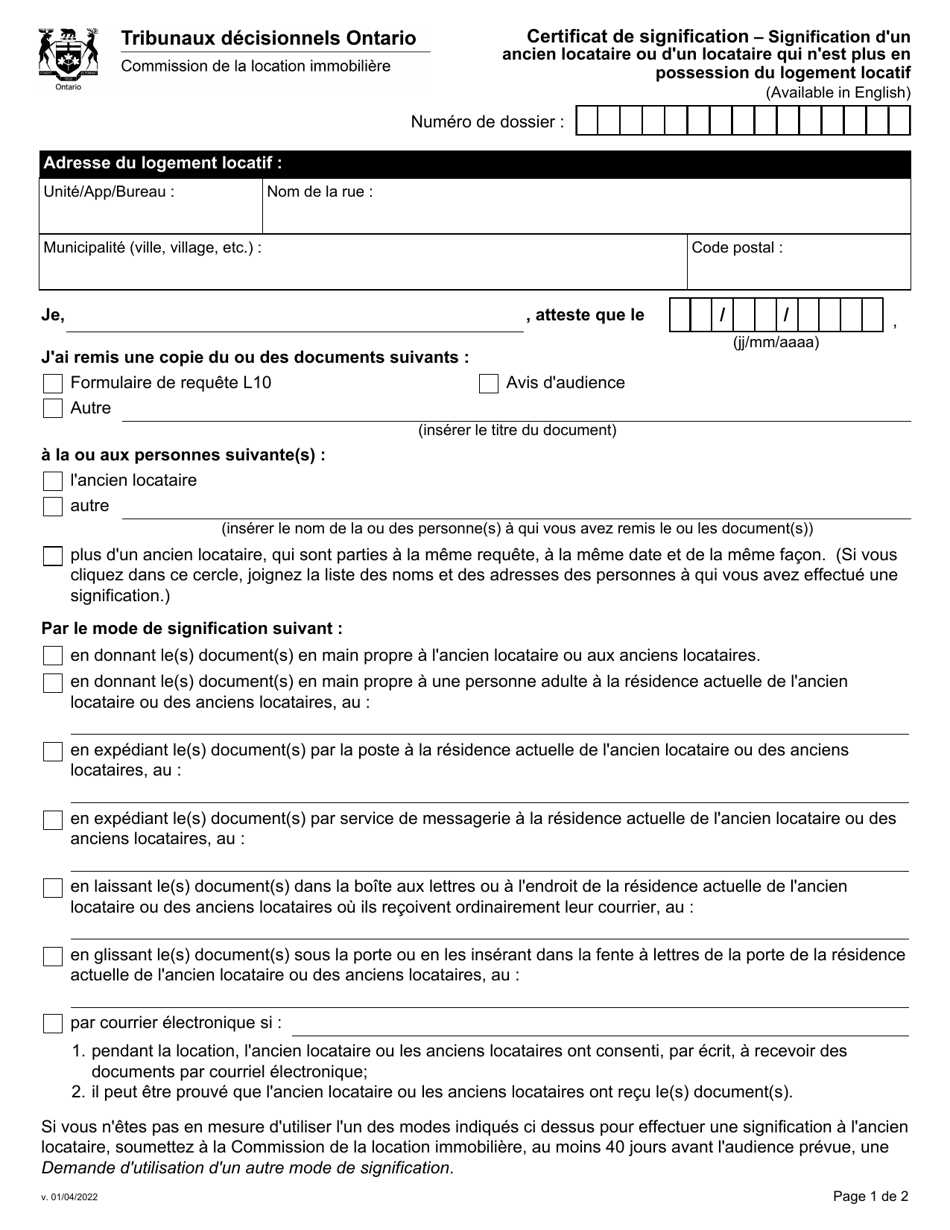 Certificat De Signification - Signification Dun Ancien Locataire Ou Dun Locataire Qui Nest Plus En Possession Du Logement Locatif - Ontario, Canada (French), Page 1