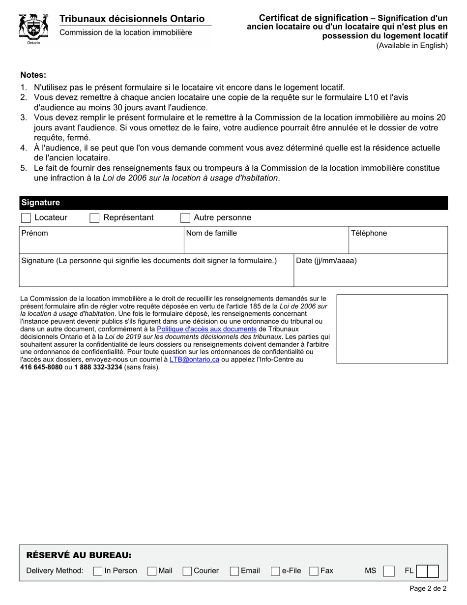 Certificat De Signification - Signification Dun Ancien Locataire Ou Dun Locataire Qui Nest Plus En Possession Du Logement Locatif - Ontario, Canada (French), Page 2