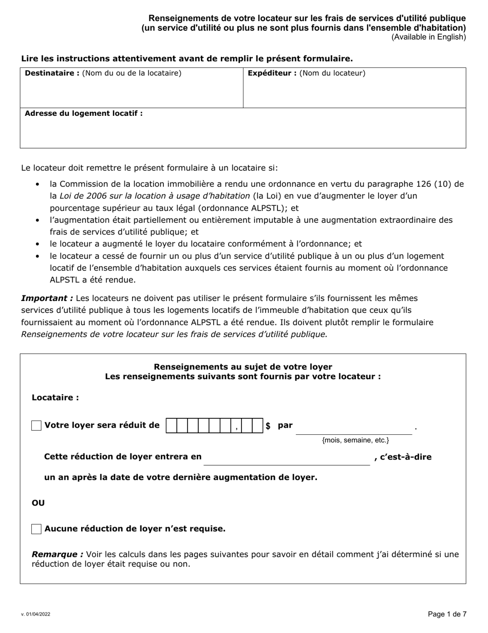 Renseignements De Votre Locateur Sur Les Frais De Services Dutilite Publique (Un Service Dutilite Ou Plus Ne Sont Plus Fournis Dans Lensemble Dhabitation) - Ontario, Canada (French), Page 1