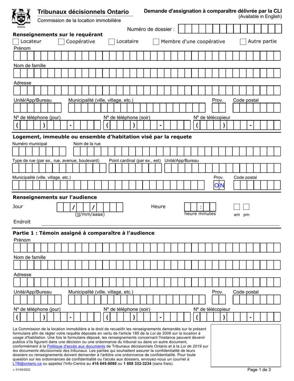 Demande Dassignation a Comparaitre Delivree Par La Cli - Ontario, Canada (French), Page 1