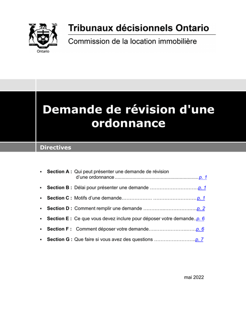Instruction pour Demande De Revision D'une Ordonnance - Ontario, Canada (French)