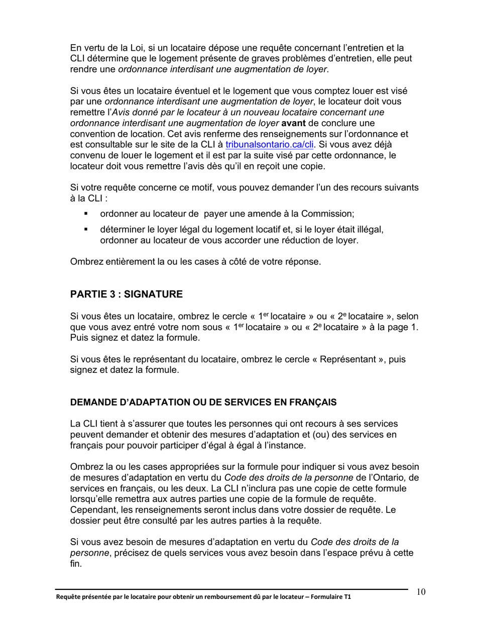 Instruction pour Forme T1 Requete Presentee Par Le Locataire Pour Obtenir Un Remboursement Du Par Le Locateur - Ontario, Canada (French), Page 11