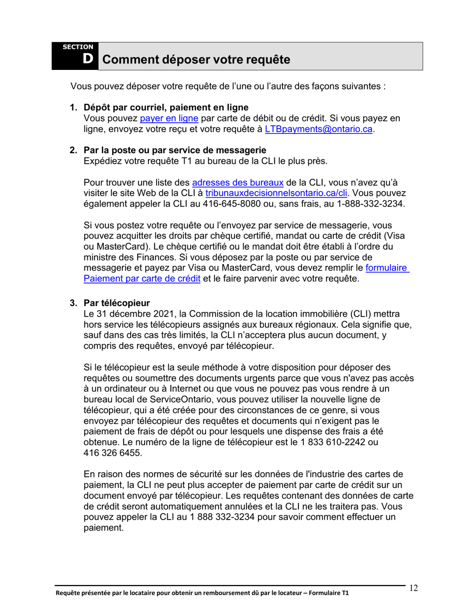 Instruction pour Forme T1 Requete Presentee Par Le Locataire Pour Obtenir Un Remboursement Du Par Le Locateur - Ontario, Canada (French), Page 13
