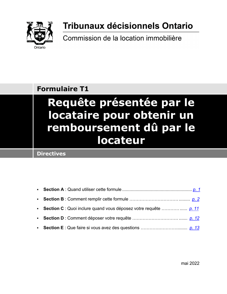 Instruction pour Forme T1 Requete Presentee Par Le Locataire Pour Obtenir Un Remboursement Du Par Le Locateur - Ontario, Canada (French), Page 1