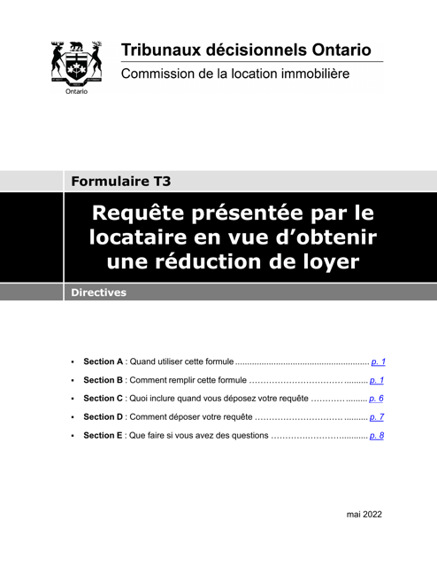 Instruction pour Forme T3 Requete Presentee Par Le Locataire En Vue D'obtenir Une Reduction De Loyer - Ontario, Canada (French)