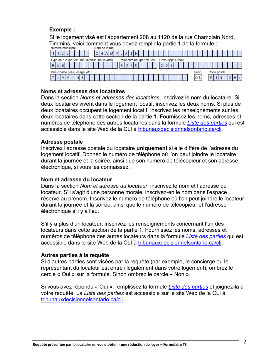 Instruction pour Forme T3 Requete Presentee Par Le Locataire En Vue Dobtenir Une Reduction De Loyer - Ontario, Canada (French), Page 3