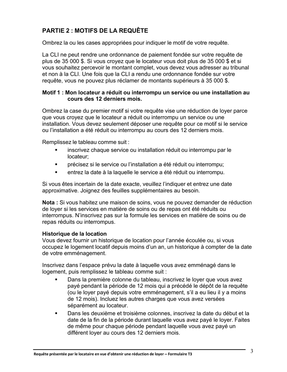 Instruction pour Forme T3 Requete Presentee Par Le Locataire En Vue Dobtenir Une Reduction De Loyer - Ontario, Canada (French), Page 4