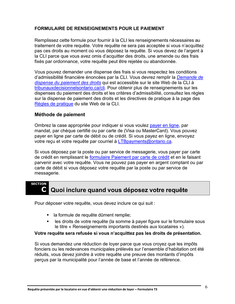 Instruction pour Forme T3 Requete Presentee Par Le Locataire En Vue Dobtenir Une Reduction De Loyer - Ontario, Canada (French), Page 7