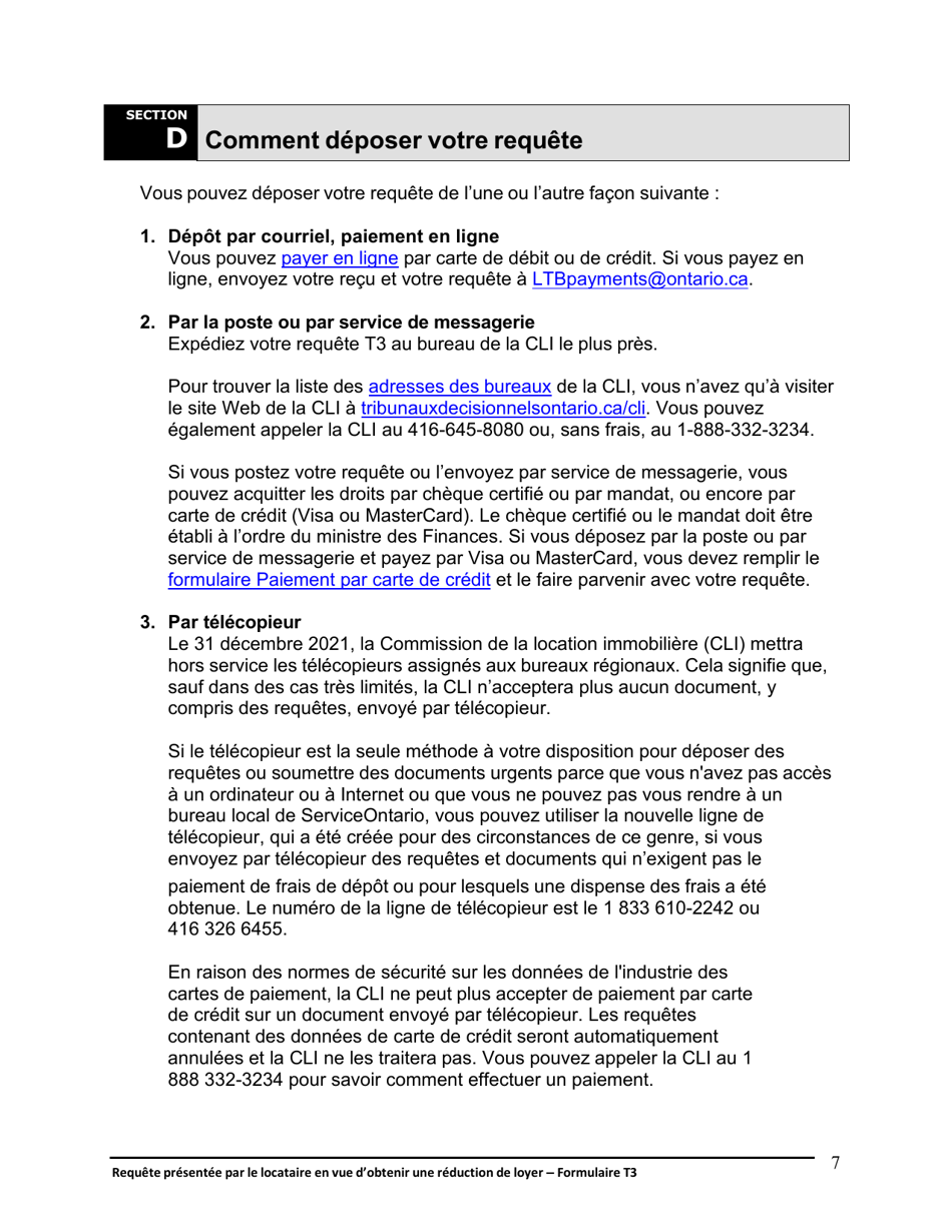 Instruction pour Forme T3 Requete Presentee Par Le Locataire En Vue Dobtenir Une Reduction De Loyer - Ontario, Canada (French), Page 8