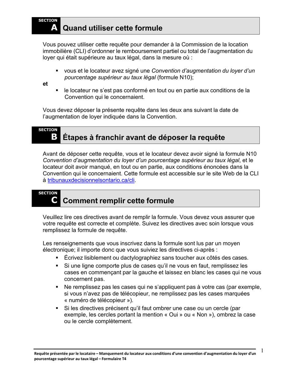 Instruction pour Forme T4 Requete Presentee Par Le Locataire - Manquement Du Locateur Aux Conditions Dune Convention Daugmentation Du Loyer Dun Pourcentage Superieur Au Taux Legal - Ontario, Canada (French), Page 2