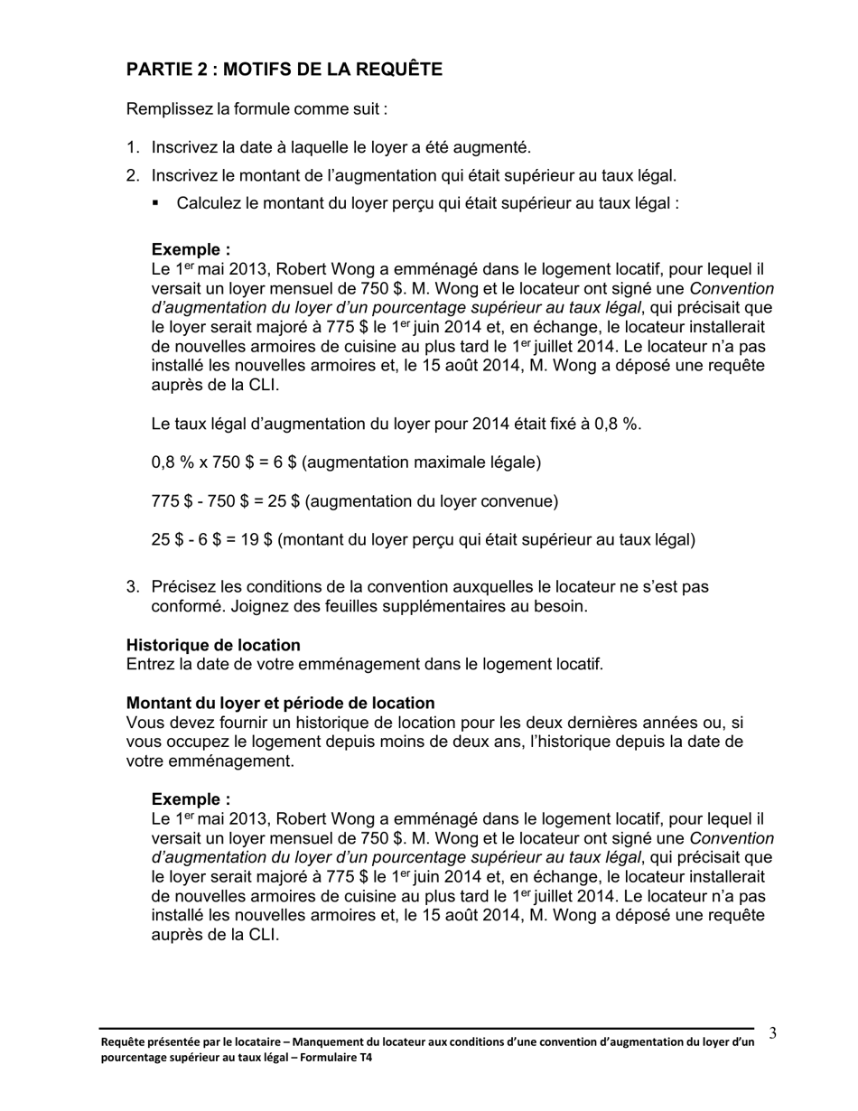Instruction pour Forme T4 Requete Presentee Par Le Locataire - Manquement Du Locateur Aux Conditions Dune Convention Daugmentation Du Loyer Dun Pourcentage Superieur Au Taux Legal - Ontario, Canada (French), Page 4