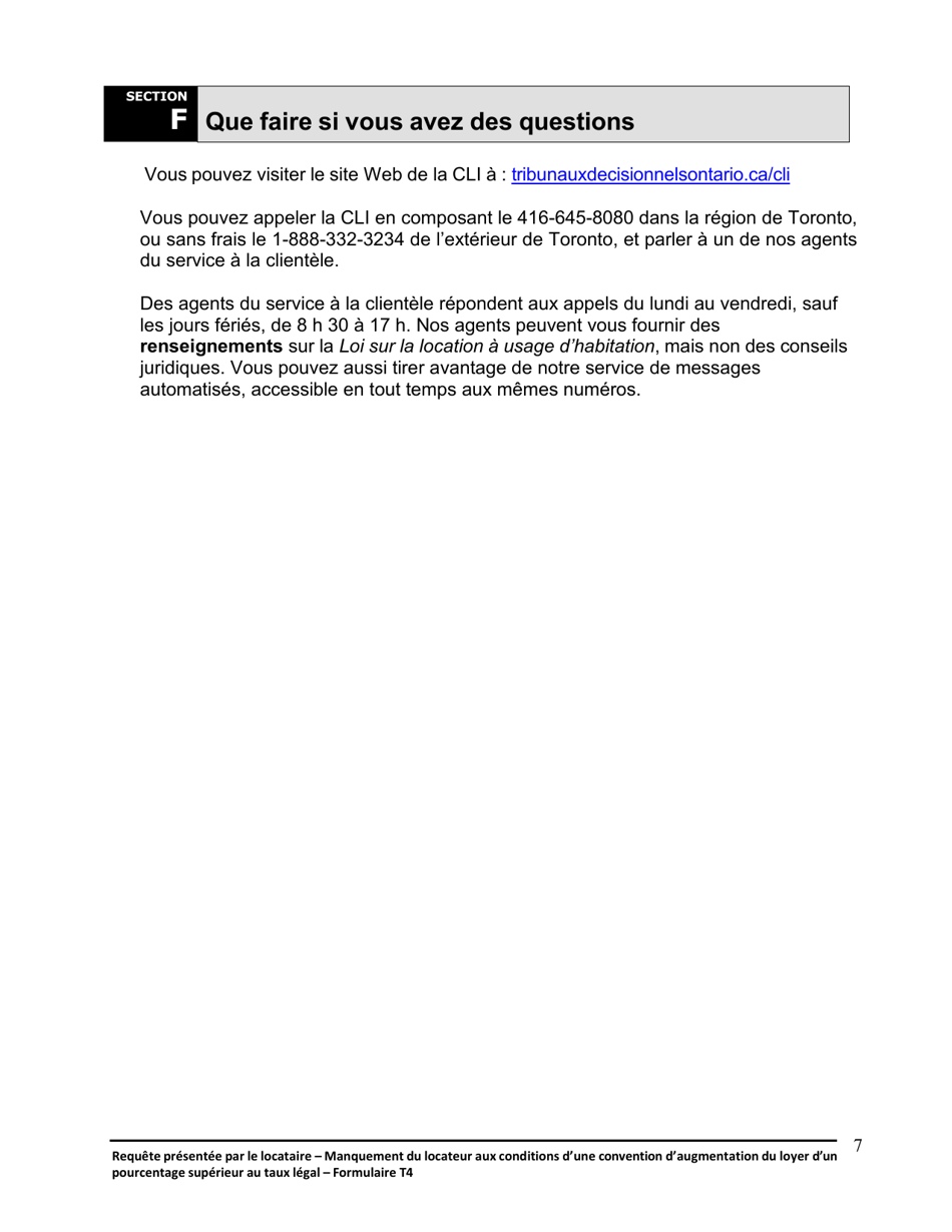 Instruction pour Forme T4 Requete Presentee Par Le Locataire - Manquement Du Locateur Aux Conditions Dune Convention Daugmentation Du Loyer Dun Pourcentage Superieur Au Taux Legal - Ontario, Canada (French), Page 8