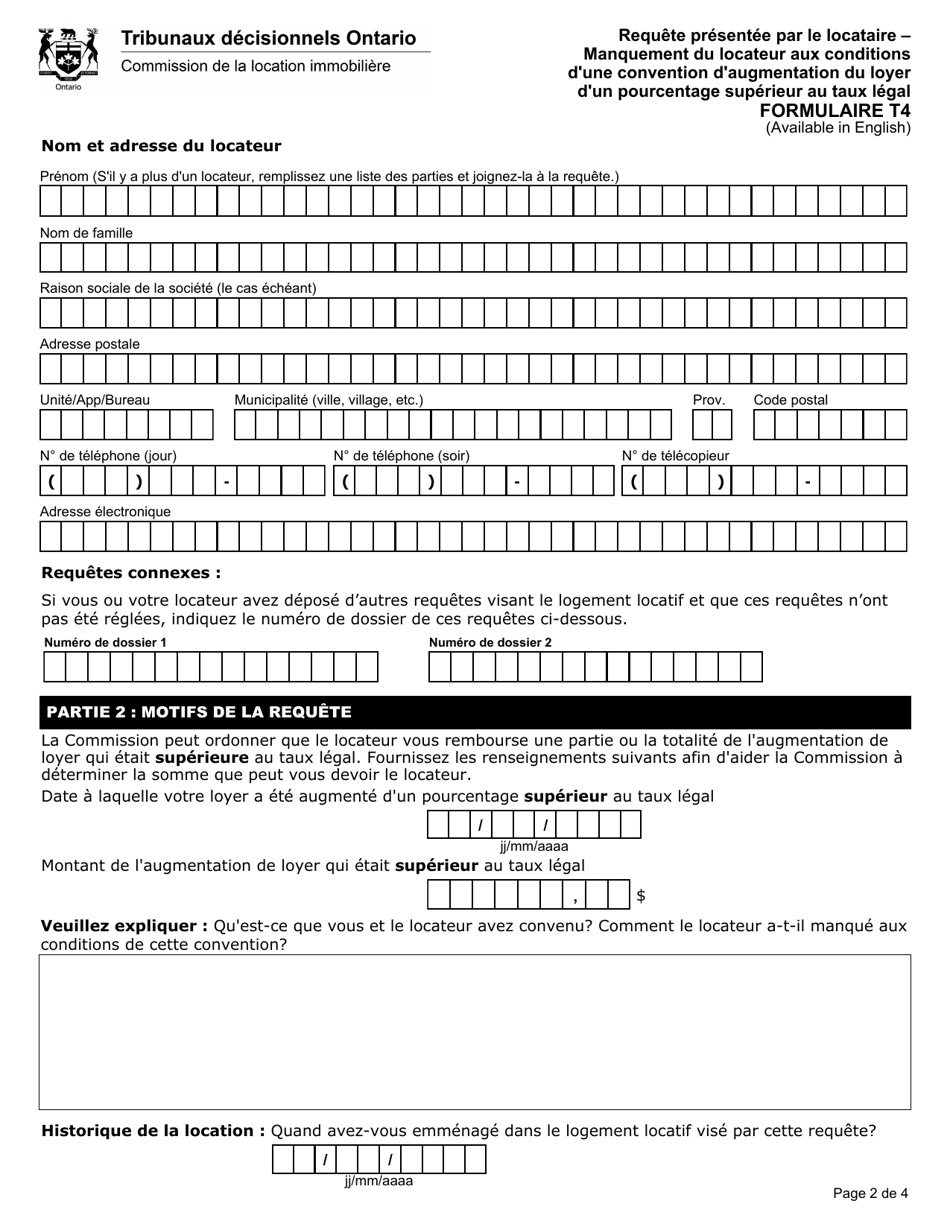 Forme T4 Requete Presentee Par Le Locataire - Manquement Du Locateur Aux Conditions Dune Convention Daugmentation Du Loyer Dun Pourcentage Superieur Au Taux Legal - Ontario, Canada (French), Page 3
