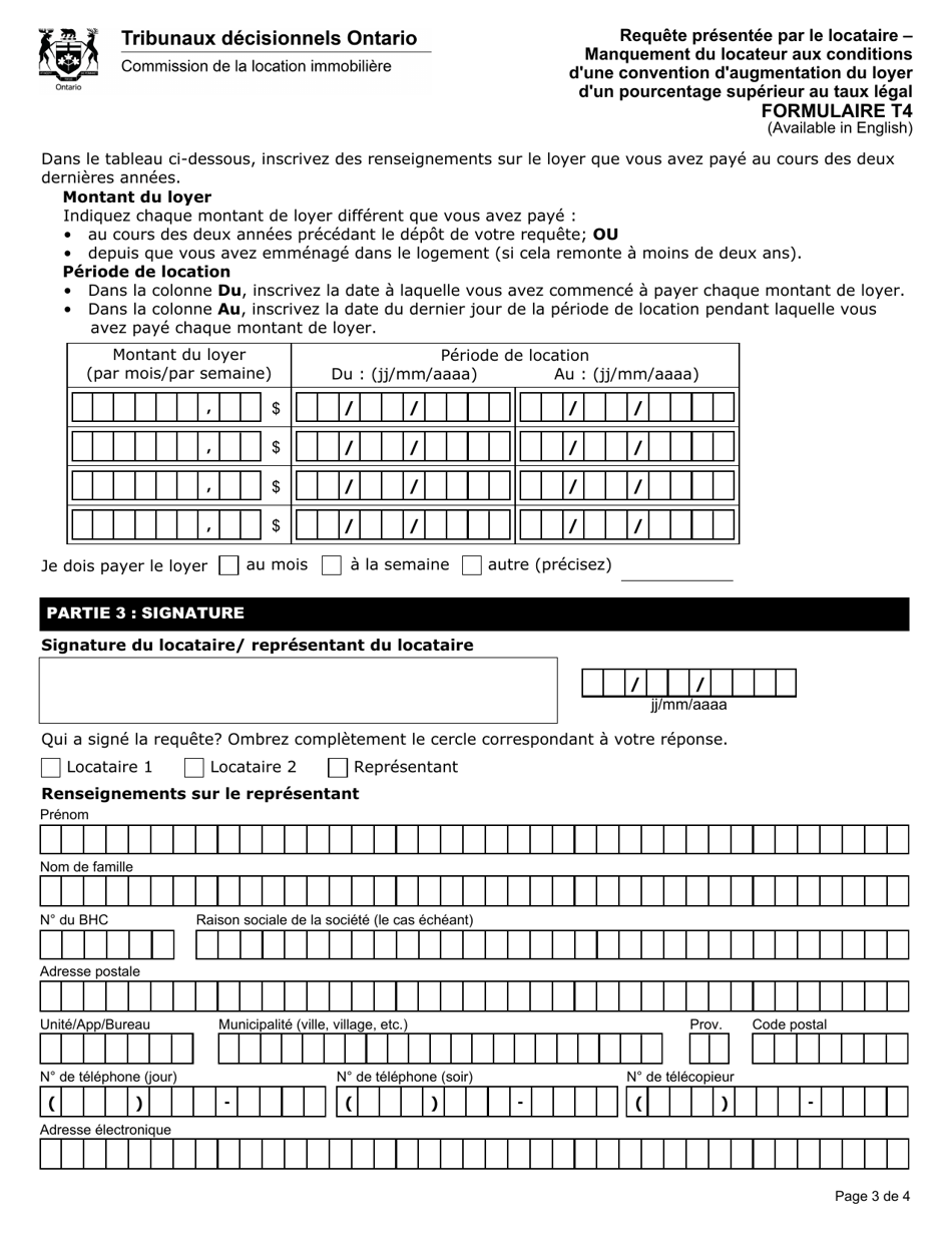 Forme T4 Requete Presentee Par Le Locataire - Manquement Du Locateur Aux Conditions Dune Convention Daugmentation Du Loyer Dun Pourcentage Superieur Au Taux Legal - Ontario, Canada (French), Page 4