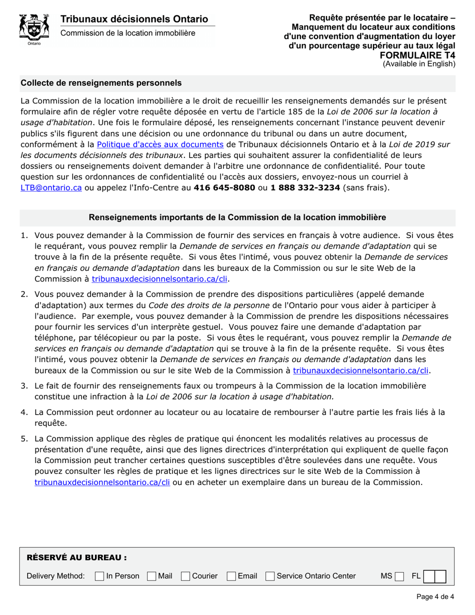 Forme T4 Requete Presentee Par Le Locataire - Manquement Du Locateur Aux Conditions Dune Convention Daugmentation Du Loyer Dun Pourcentage Superieur Au Taux Legal - Ontario, Canada (French), Page 5