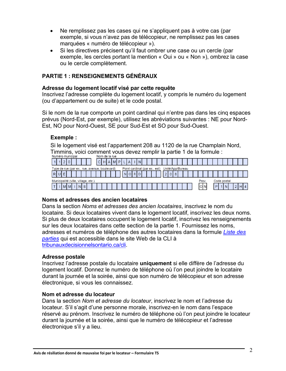 Instruction pour Forme T5 Avis De Resiliation Donne De Mauvaise Foi Par Le Locateur - Ontario, Canada (French), Page 3