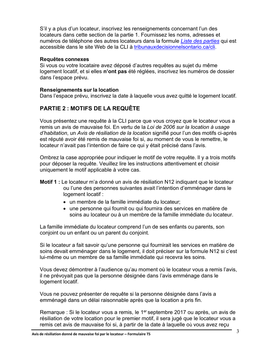 Instruction pour Forme T5 Avis De Resiliation Donne De Mauvaise Foi Par Le Locateur - Ontario, Canada (French), Page 4