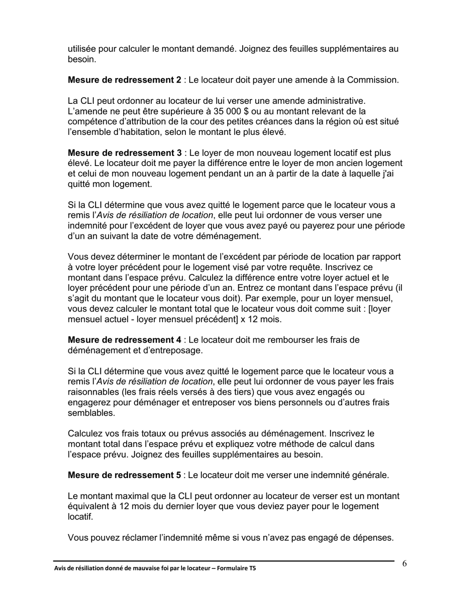 Instruction pour Forme T5 Avis De Resiliation Donne De Mauvaise Foi Par Le Locateur - Ontario, Canada (French), Page 7