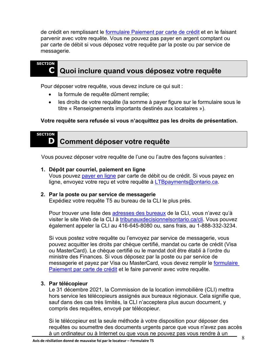 Instruction pour Forme T5 Avis De Resiliation Donne De Mauvaise Foi Par Le Locateur - Ontario, Canada (French), Page 9