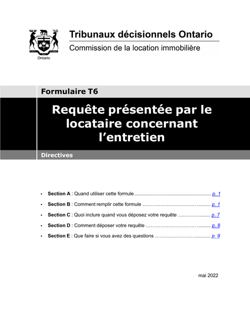 Instruction pour Forme T6 Requete Presentee Par Le Locataire Concernant L'entretien - Ontario, Canada (French)