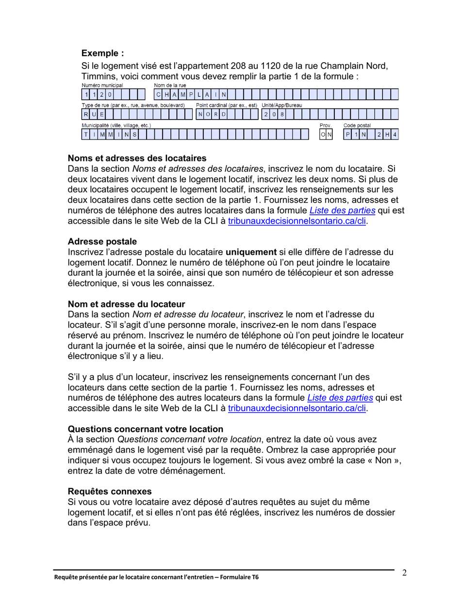 Instruction pour Forme T6 Requete Presentee Par Le Locataire Concernant Lentretien - Ontario, Canada (French), Page 3